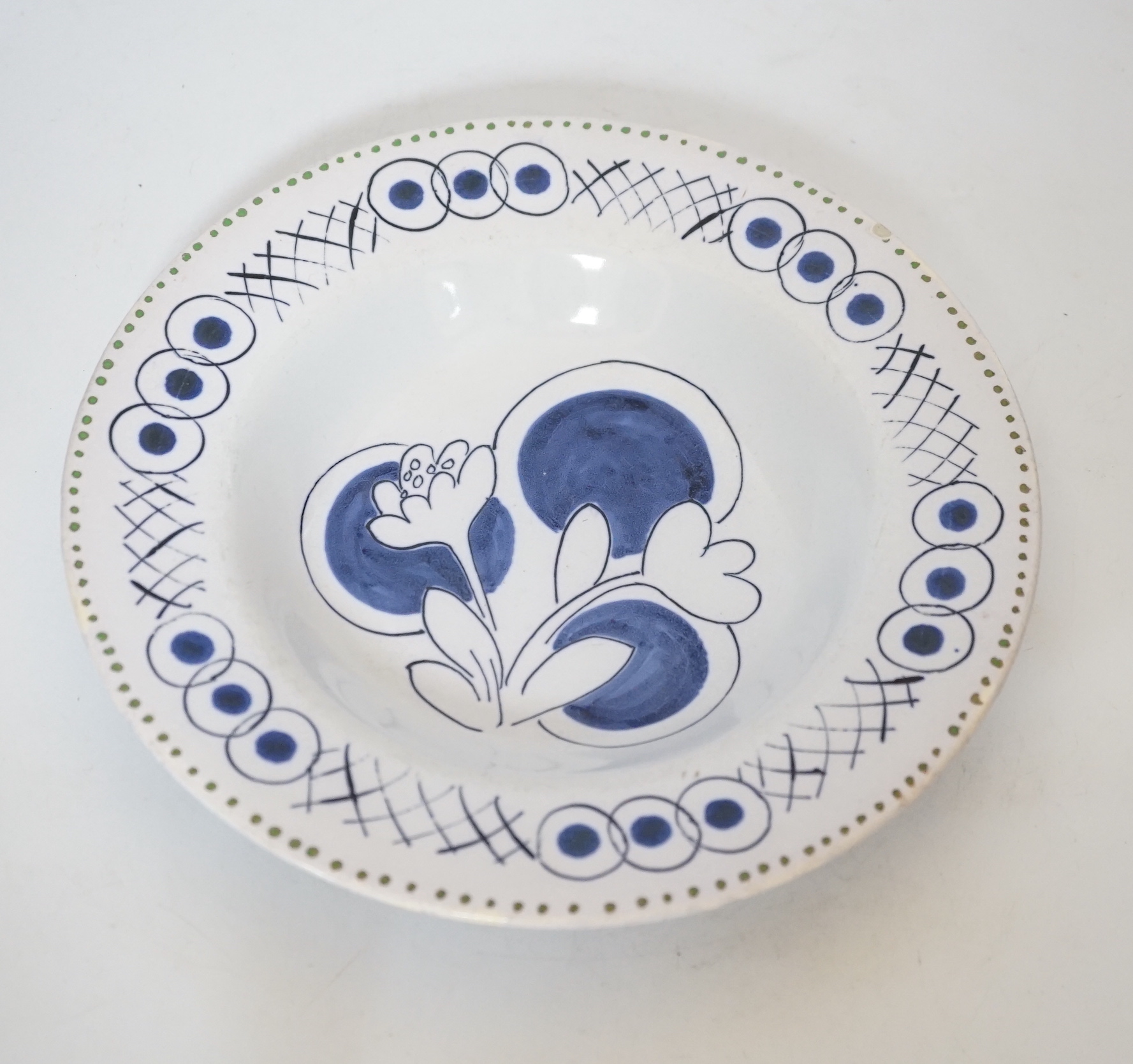 Vanessa Bell design blue and white soup dish,’ produced in Bizarre by Clarice Cliff, Wilkinson Ltd England, First Edition’, stamp to base, 23cm in diameter